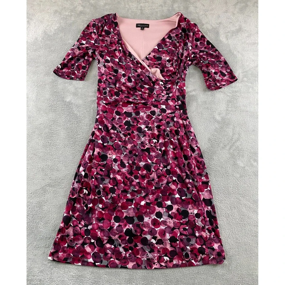 Connected Apparel Womens Pink Purple Abstract Dot Faux Wrap Ruched Dress Size 12
